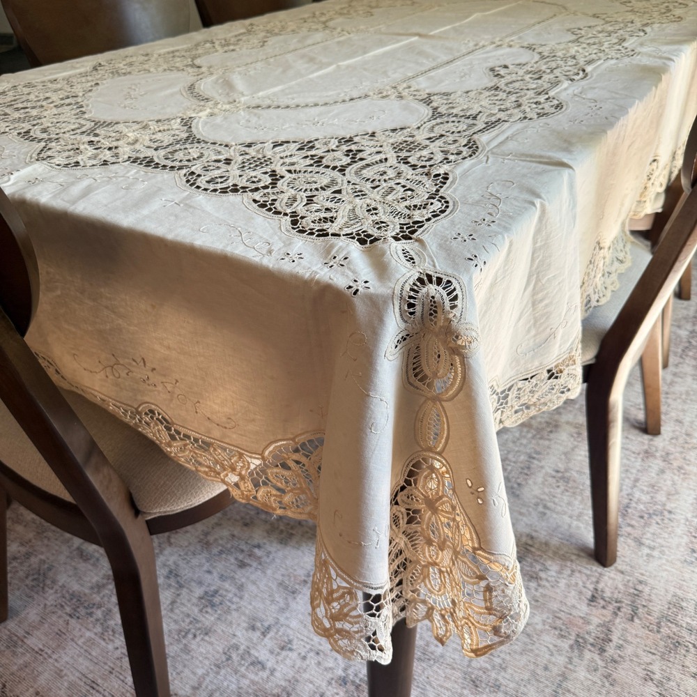 Antique Linen Tablecloth 65x104 Hand Embroidered Point de Venise Style Lace